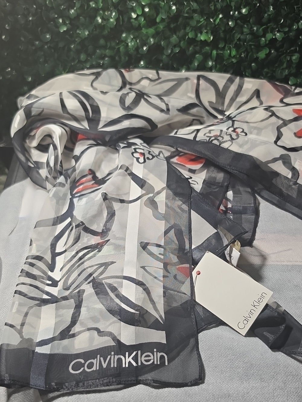 Calvin Klein Black, White & Red Sheer Floral Scarf